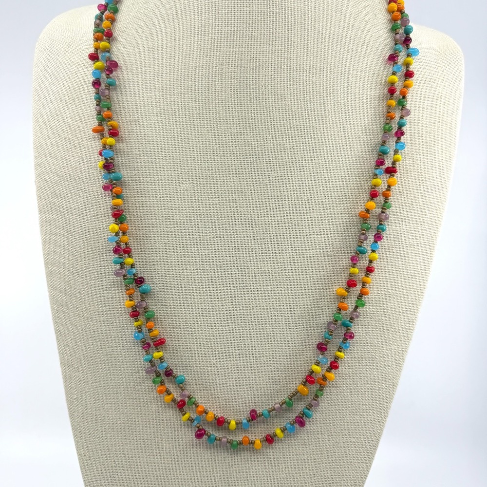 Vibrant Rainbow Multi Strand Beaded Necklace Boho Festival Layer Statement Gift